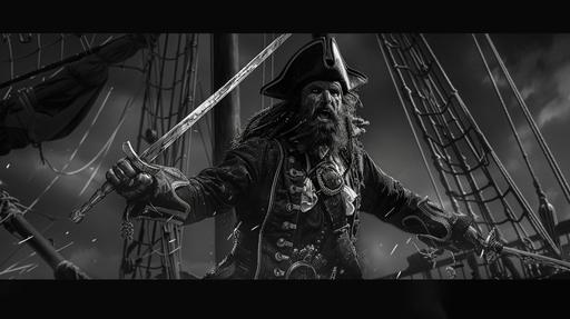 half body shot of the bearded pirate captain hook posing to strike down with his sword on ship deck at night in the black and white art style of a storyboard --ar 16:9 --v 6.0