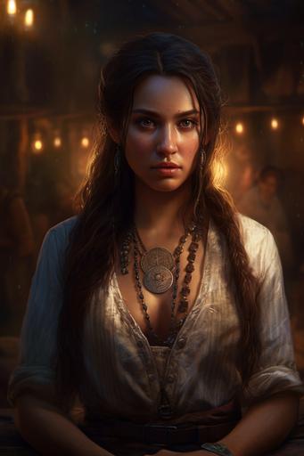 half body, young woman, long dark brown hair, serious expression, Indian features, long nose, highly detailed fantasy art, wearing a brown waistcoat and white shirt, holding a black stone in her hands, dark fantasy atmosphere, blurred lighting, extreme detail, --ar 2:3 --stylize 1000 --v 5 --q 2