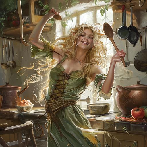 half-elf druid, female, long blonde curls, silver eyes, in a green medieval peasant dress, ditzy beauty, dancing with a wooden spoon in a messy kitchen, character art, fantasy painting, happy mood