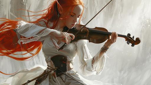 half-elf girl, half Bard and half cleric, Red hair, white clothes, tomboy, music, full body, fantasy themed --ar 16:9