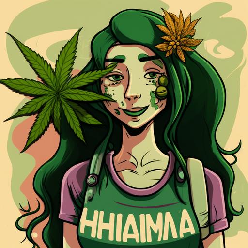 half human half cannabis woman cartoon bringing medicine