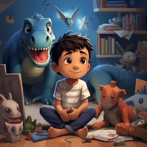 half indian and half white five year old boy named Leo, pixar style,blue hoodie, short pants,Leo sitting on his bedroom floor surrounded by dinosaur toys, books, and posters,He's wearing pajamas, and there's a big T-Rex toy beside him,cute,childrens book illustration style