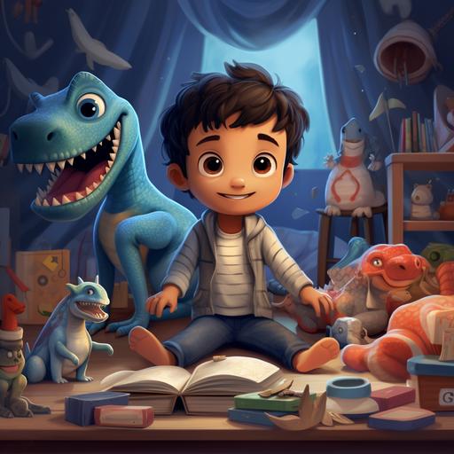 half indian and half white five year old boy named Leo, pixar style,blue hoodie, short pants,Leo sitting on his bedroom floor surrounded by dinosaur toys, books, and posters,He's wearing pajamas, and there's a big T-Rex toy beside him,cute,childrens book illustration style