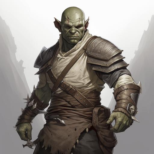 half orc rogue with grey skin tone, carries knives as a weapon, fantasy character art, relaxed pose