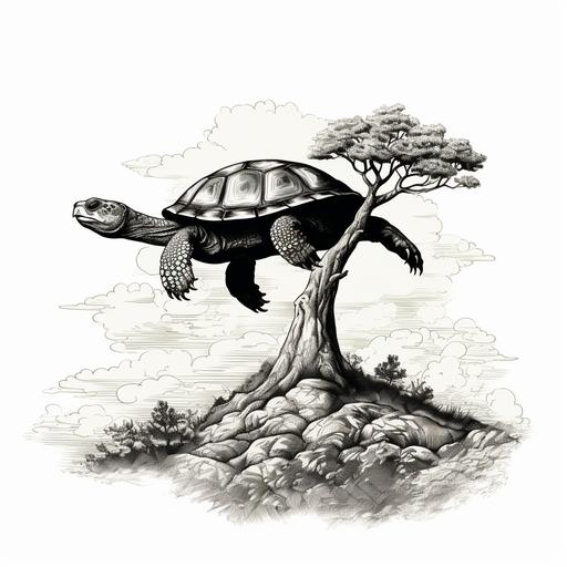 halftone turtle standing on the top of a a tree with just thin branches with small leaves, black and white, trace, classic style,