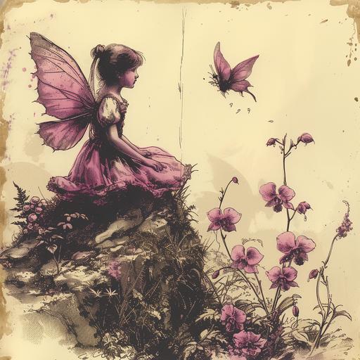 halftone watercolored orchid fairy,vintage ink drawing, dreamlike, lucid visions of wonderland --s 800 --c 10 --v 6.0
