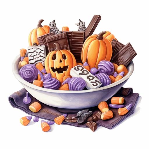 halloween candy charcuterie bowl, Watercolor pencil sketch isolated on white background --c 23