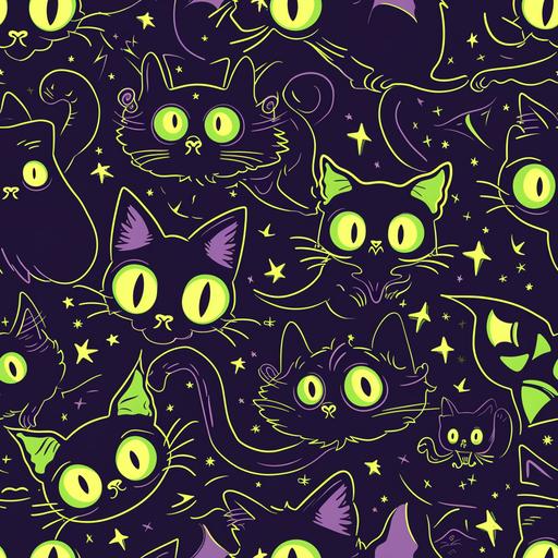 halloween, cats, bats, creepy, kawaii, glowing outlines, pattern --tile --v 6.0