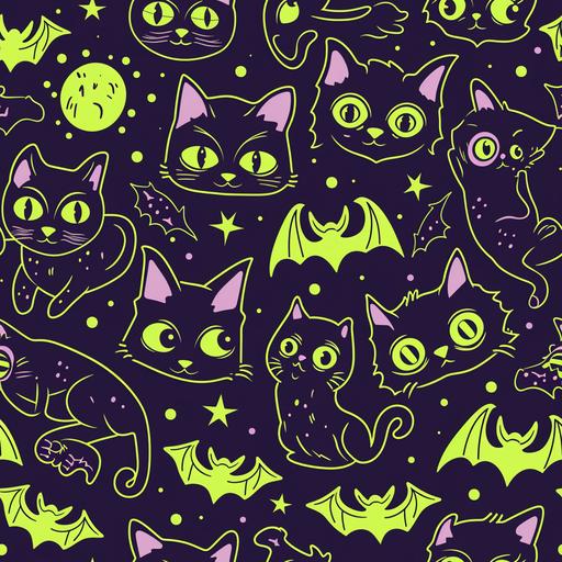 halloween, cats, bats, creepy, kawaii, glowing outlines, pattern --tile --v 6.0