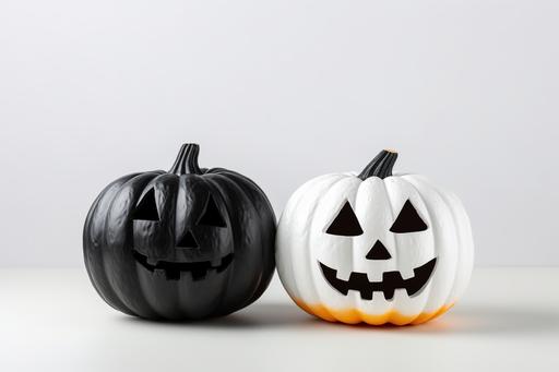 halloween decorations for halloween with black pumpkin and white pumpkin top view in white background , --ar 3:2