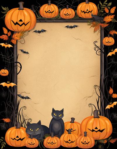 halloween frame border, halloween colors, leave middle empty, jack o'lantern, spiderwebs, black cat, skeleton --ar 7:9