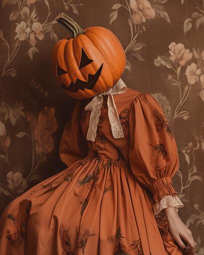 halloween pumpkin head costume, latrodectus dress, in the style of vintage aesthetics, cottagecore, light crimson and brown, historical themes, avacadopunk, somber mood, whistlerian --ar 91:114 --niji 5 --s 50