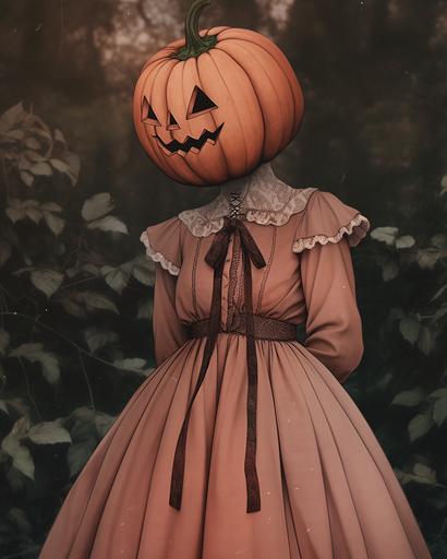 halloween pumpkin head costume, latrodectus dress, in the style of vintage aesthetics, cottagecore, light crimson and brown, historical themes, avacadopunk, somber mood, whistlerian --ar 91:114 --niji 5 --s 50