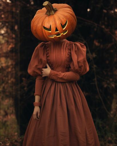 halloween pumpkin head costume, latrodectus dress, in the style of vintage aesthetics, cottagecore, light crimson and brown, historical themes, avacadopunk, somber mood, whistlerian --ar 91:114 --s 50