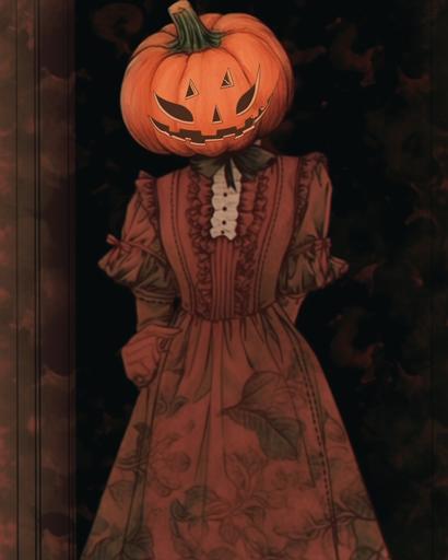 halloween pumpkin head costume, latrodectus dress, in the style of vintage aesthetics, cottagecore, light crimson and brown, historical themes, avacadopunk, somber mood, whistlerian --ar 91:114 --niji 5 --s 50