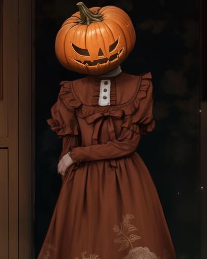 halloween pumpkin head costume, latrodectus dress, in the style of vintage aesthetics, cottagecore, light crimson and brown, historical themes, avacadopunk, somber mood, whistlerian --ar 91:114 --niji 5 --s 50