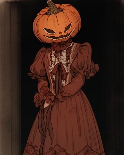 halloween pumpkin head costume, latrodectus dress, in the style of vintage aesthetics, cottagecore, light crimson and brown, historical themes, avacadopunk, somber mood, whistlerian --ar 91:114 --niji 5 --s 50