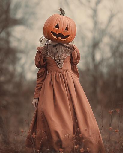 halloween pumpkin head costume, latrodectus dress, in the style of vintage aesthetics, cottagecore, light crimson and brown, historical themes, avacadopunk, somber mood, whistlerian --ar 91:114 --niji 5 --s 50