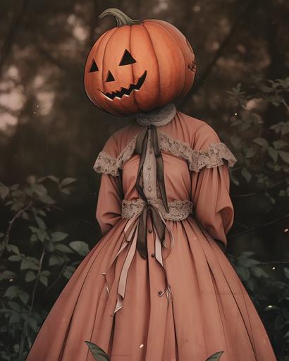 halloween pumpkin head costume, latrodectus dress, in the style of vintage aesthetics, cottagecore, light crimson and brown, historical themes, avacadopunk, somber mood, whistlerian --ar 91:114 --niji 5 --s 50