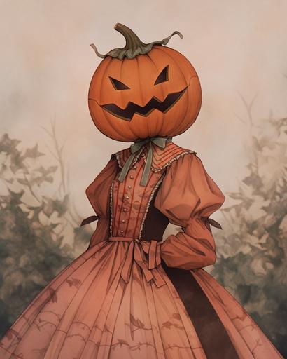 halloween pumpkin head costume, latrodectus dress, in the style of vintage aesthetics, cottagecore, light crimson and brown, historical themes, avacadopunk, somber mood, whistlerian --ar 91:114 --niji 5 --s 50