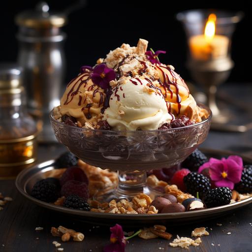 halloween-themed absurdity sundae treat served in a crystal bowl with gold spoon, mixed with gold leaf, diamond dust, exotic fruits, topped with truffle shavings, silvered almonds, edible flowers, nuts, photographed by Marte Marie Forsberg, Canon EOS-1D X Mark III, Canon EF 100mm f/2.8L Macro IS USM --s 750