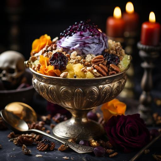 halloween-themed absurdity sundae treat served in a crystal bowl with gold spoon, mixed with gold leaf, diamond dust, exotic fruits, topped with truffle shavings, silvered almonds, edible flowers, nuts, photographed by Marte Marie Forsberg, Canon EOS-1D X Mark III, Canon EF 100mm f/2.8L Macro IS USM --s 250