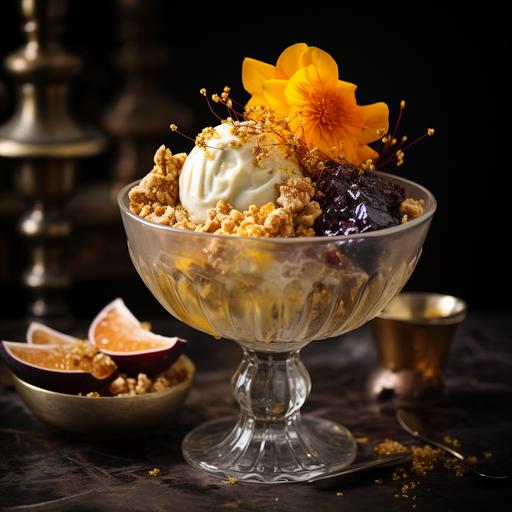 halloween-themed absurdity sundae treat served in a crystal bowl with gold spoon, mixed with gold leaf, diamond dust, exotic fruits, topped with truffle shavings, silvered almonds, edible flowers, nuts, photographed by Marte Marie Forsberg, Canon EOS-1D X Mark III, Canon EF 100mm f/2.8L Macro IS USM --s 250