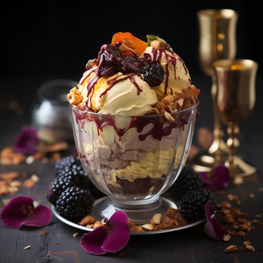 halloween-themed absurdity sundae treat served in a crystal bowl with gold spoon, mixed with gold leaf, diamond dust, exotic fruits, topped with truffle shavings, silvered almonds, edible flowers, nuts, photographed by Marte Marie Forsberg, Canon EOS-1D X Mark III, Canon EF 100mm f/2.8L Macro IS USM --s 750