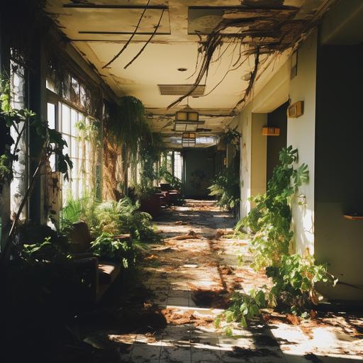 hallway inside an abandoned haunted country club, no windows, two doors, spider webs, over grown plants, messy, bright colors, 90s, head on view