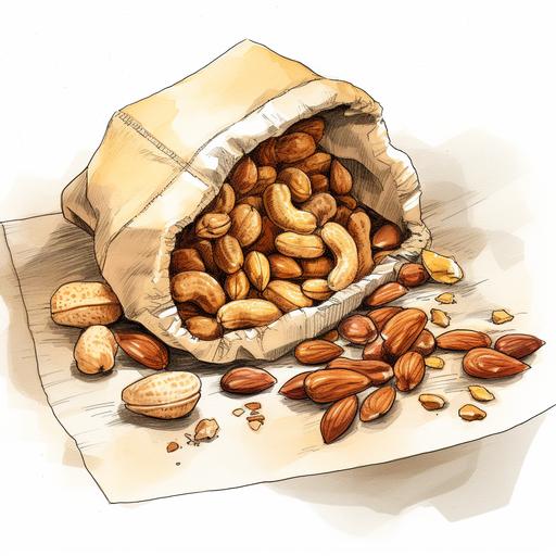 halved walnuts, pistacios, more peanuts, peanuts, and cahews, roasted bar nuts, in paper bag on plate, salted, cartoon drawing, zephyr