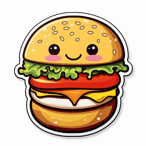 hamburger sticker cartoon cute kawaii, white contour, white background