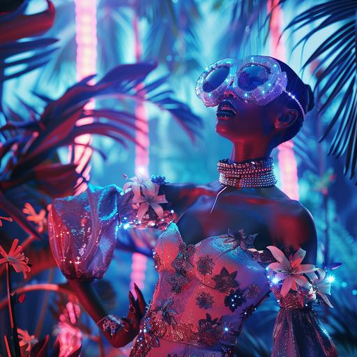 high fashion photography of a female robot wearing a haute couture dres, big cyberpunk goggle and diamond jewelry. She is dancing in a neon tropic jungle with palm trees and flowers