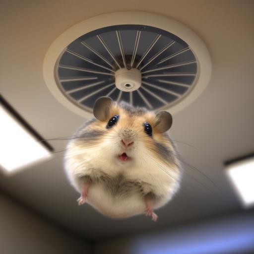 hamster looking down on camera meme, fan in the background on the ceiling