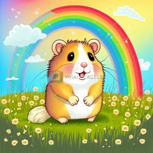 hamster playing and jumping happily on a field of grass, enjoying itself ,a rainbow bridge is in the background , sweet comic style