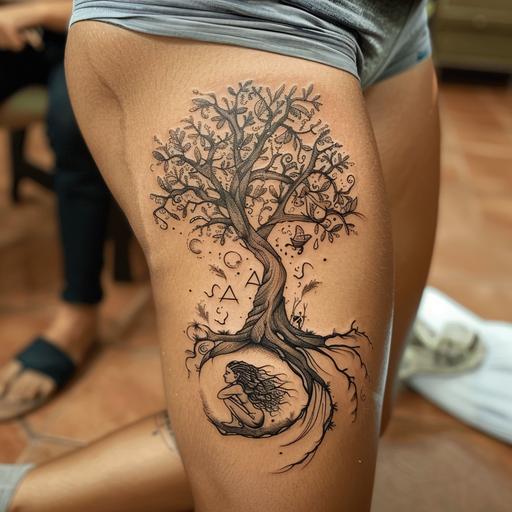 hamstring tatto - big tree with branches that its branches is built from the letter A in hebrew and a curly haired girl is swining on one of the branches