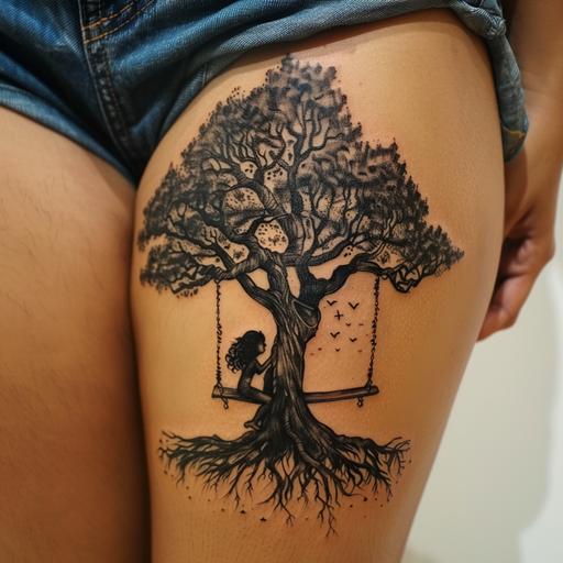 hamstring tatto - big tree with branches that its branches is built from the letter alef in hebrew and a curly haired girl is sitting on swing that tied to one of the branches