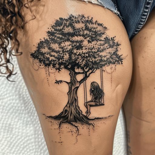 hamstring tatto - big tree with branches that its branches is built from the letter alef in hebrew and a curly haired girl is sitting on swing that tied to one of the branches