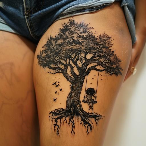 hamstring tatto - big tree with branches that its branches is built from the letter alef in hebrew and a curly haired girl is sitting on swing that tied to one of the branches