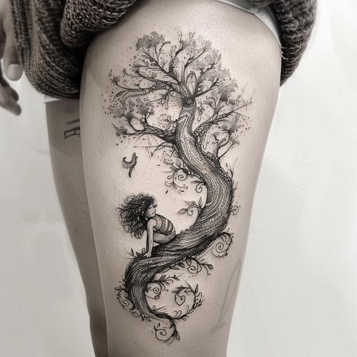 hamstring tatto - big tree with branches that its branches is built from the letter A in hebrew and a curly haired girl is swining on one of the branches