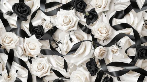 Different black ribbons and various white roses scattered, seamless pattern, seamless design, chic, white background,stylish, wallpaper, background material, collage --ar 16:9 --v 6.0