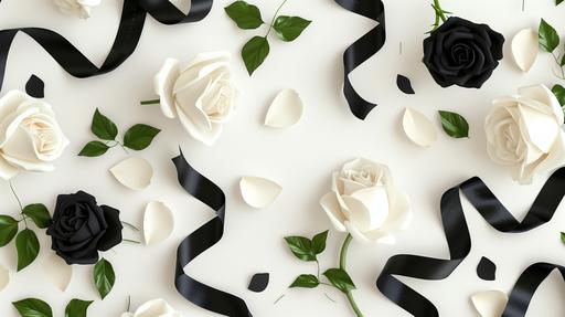 Different black ribbons and various white roses scattered, seamless pattern, seamless design, chic, white background,stylish, wallpaper, background material, collage --ar 16:9 --v 6.0