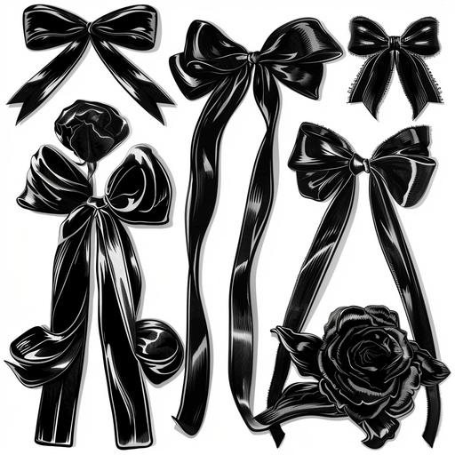 Hand-drawn illustration, luxurious black ribbon, white background, material, stickers, collage
