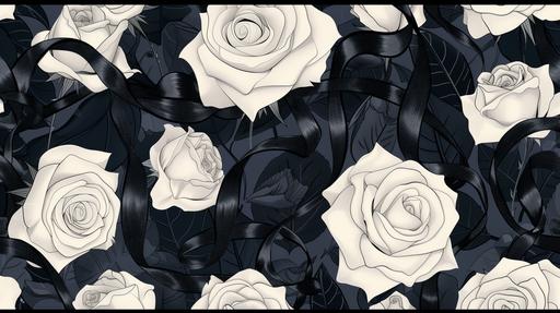 Hand-drawn illustration,Different black ribbons and various white roses scattered, seamless pattern, seamless design, chic, stylish, wallpaper, background material, collage --ar 16:9 --v 6.0