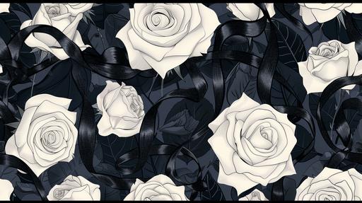 Hand-drawn illustration,Different black ribbons and various white roses scattered, seamless pattern, seamless design, chic, stylish, wallpaper, background material, collage --ar 16:9