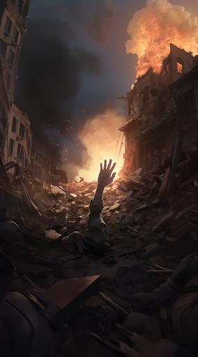 hand and arm of a baby sticking out from under the rubble of an area destroyed by explosions, anime style, deep art, 4k --ar 5:9