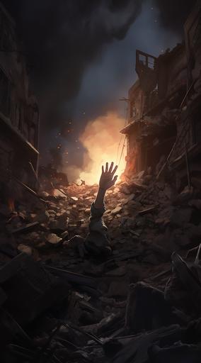 hand and arm of a baby sticking out from under the rubble of an area destroyed by explosions, anime style, deep art, 4k --ar 5:9