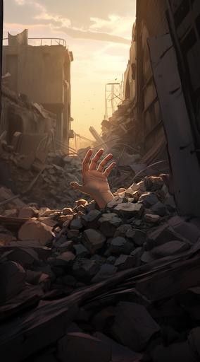 hand and arm of a baby sticking out from under the rubble of an area destroyed by explosions, anime style, deep art, 4k --ar 5:9