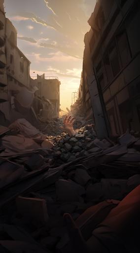 hand and arm of a baby sticking out from under the rubble of an area destroyed by explosions, anime style, deep art, 4k --ar 5:9