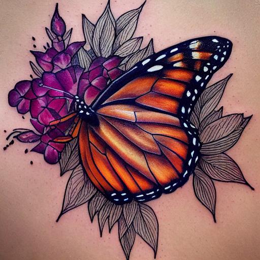 minimalist, monarch butterfly and purple milkweed tattoo, line art, shading, deep warm colors, tattoo art, ink art, high detail --test --creative --upbeta --upbeta
