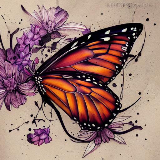 minimalist, monarch butterfly and purple milkweed tattoo, line art, shading, deep warm colors, tattoo art, ink art, high detail --test --creative --upbeta